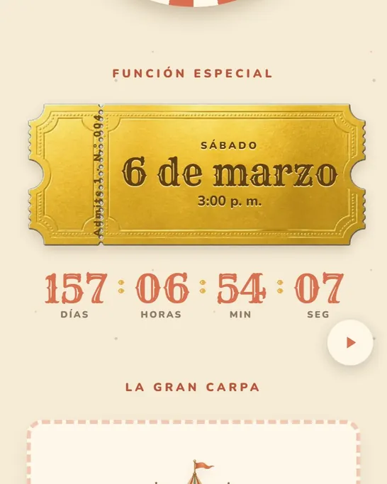 Boleto dorado con la fecha y la cuenta regresiva